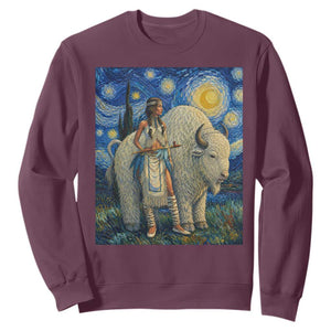 White Buffalo Woman Sweatshirt North American Native Legends Starry Night Inspired Art TS12 Maroon Print Your Wear