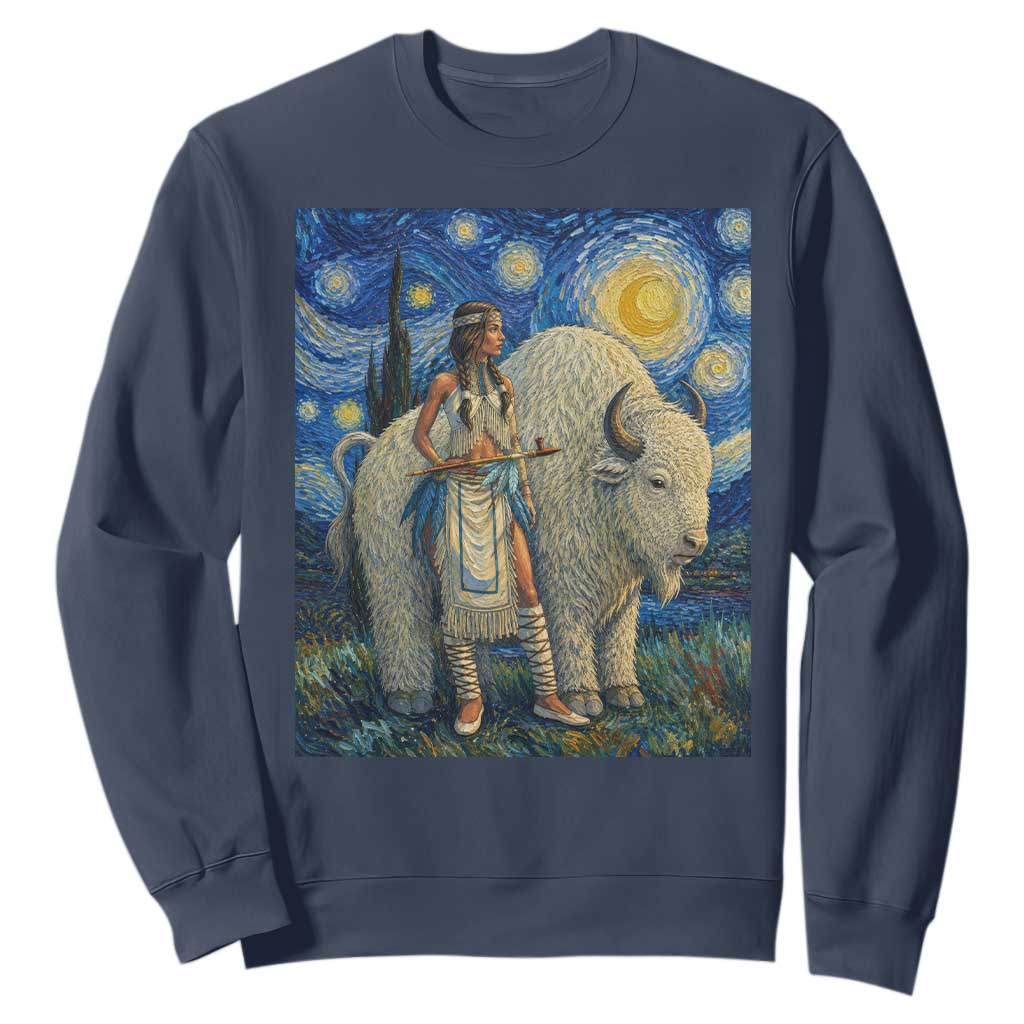 White Buffalo Woman Sweatshirt North American Native Legends Starry Night Inspired Art TS12 Navy Print Your Wear
