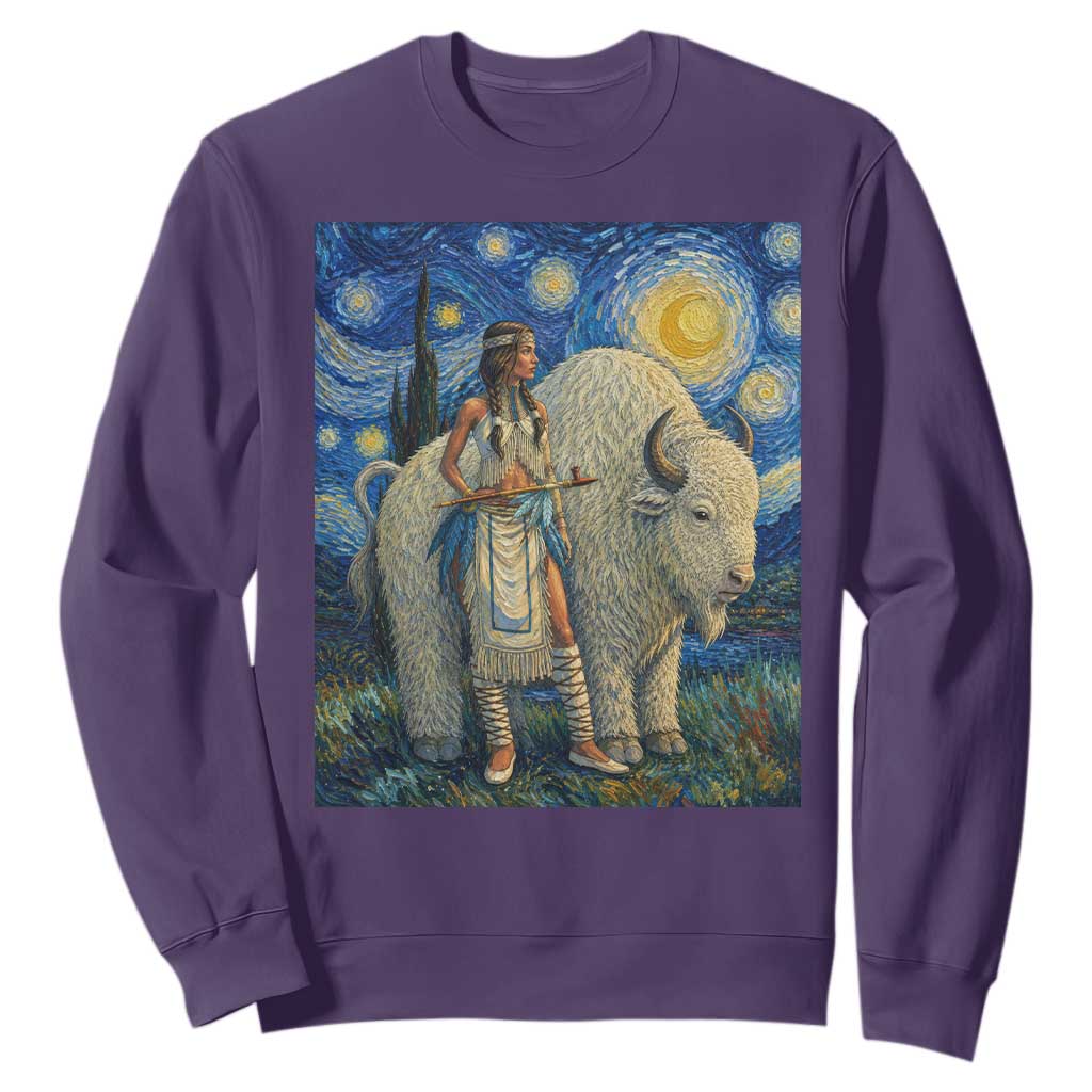 White Buffalo Woman Sweatshirt North American Native Legends Starry Night Inspired Art TS12 Purple Print Your Wear