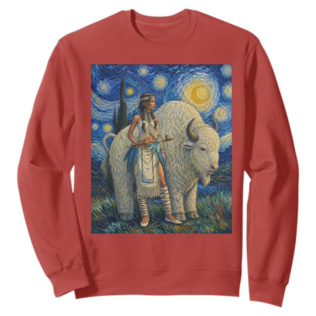 White Buffalo Woman Sweatshirt North American Native Legends Starry Night Inspired Art TS12 Red Print Your Wear