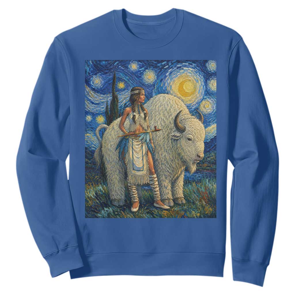 White Buffalo Woman Sweatshirt North American Native Legends Starry Night Inspired Art TS12 Royal Blue Print Your Wear