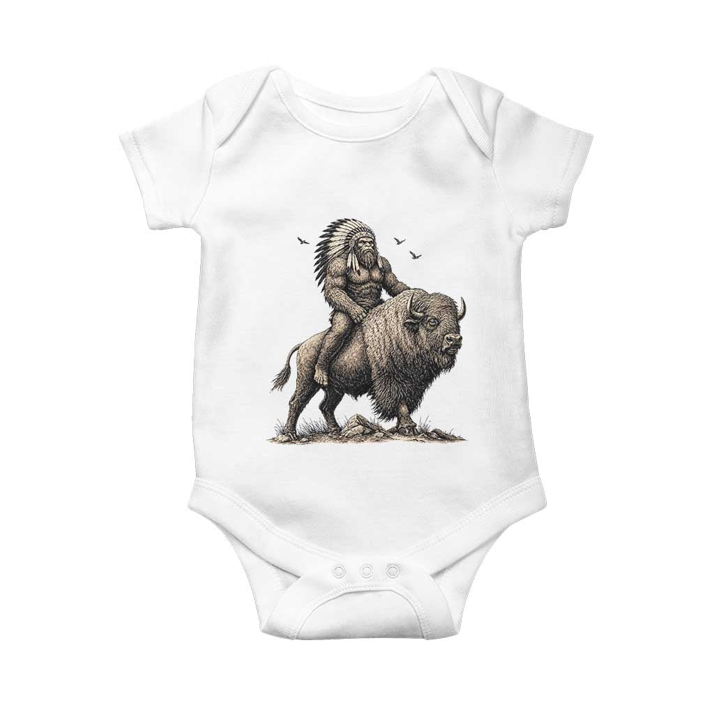 Funny Bigfoot Buffalo Rider Baby Onesie Native Inspired Heritage Graphic TS12 White Print Your Wear