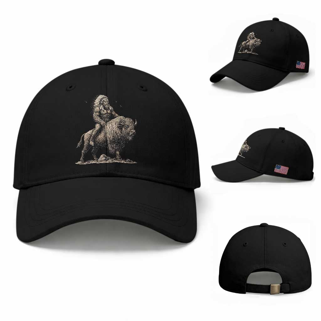 Funny Bigfoot Buffalo Rider Baseball Cap Native Inspired Heritage Graphic TS12 Baseball Cap Universal Fit Black Print Your Wear