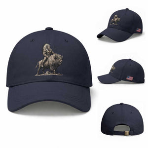Funny Bigfoot Buffalo Rider Baseball Cap Native Inspired Heritage Graphic TS12 Baseball Cap Universal Fit Navy Print Your Wear