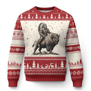 Funny Bigfoot Buffalo Rider Ugly Christmas Sweater Native Inspired Heritage Graphic TS12 Beige Red Print Your Wear