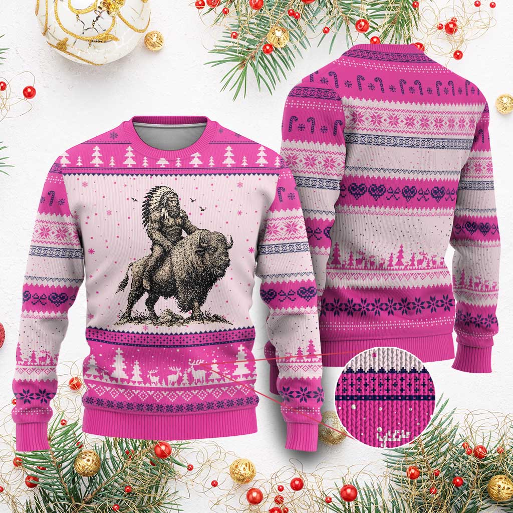 Funny Bigfoot Buffalo Rider Ugly Christmas Sweater Native Inspired Heritage Graphic TS12 Hot Pink Print Your Wear
