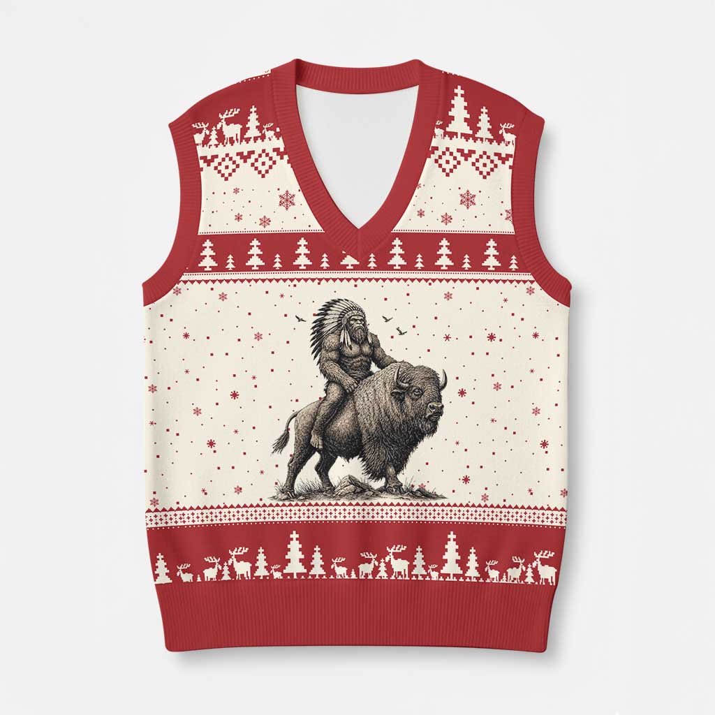 Funny Bigfoot Buffalo Rider V-Neck Knit Sweater Vest Native Inspired Heritage Graphic TS12 Beige Red Print Your Wear