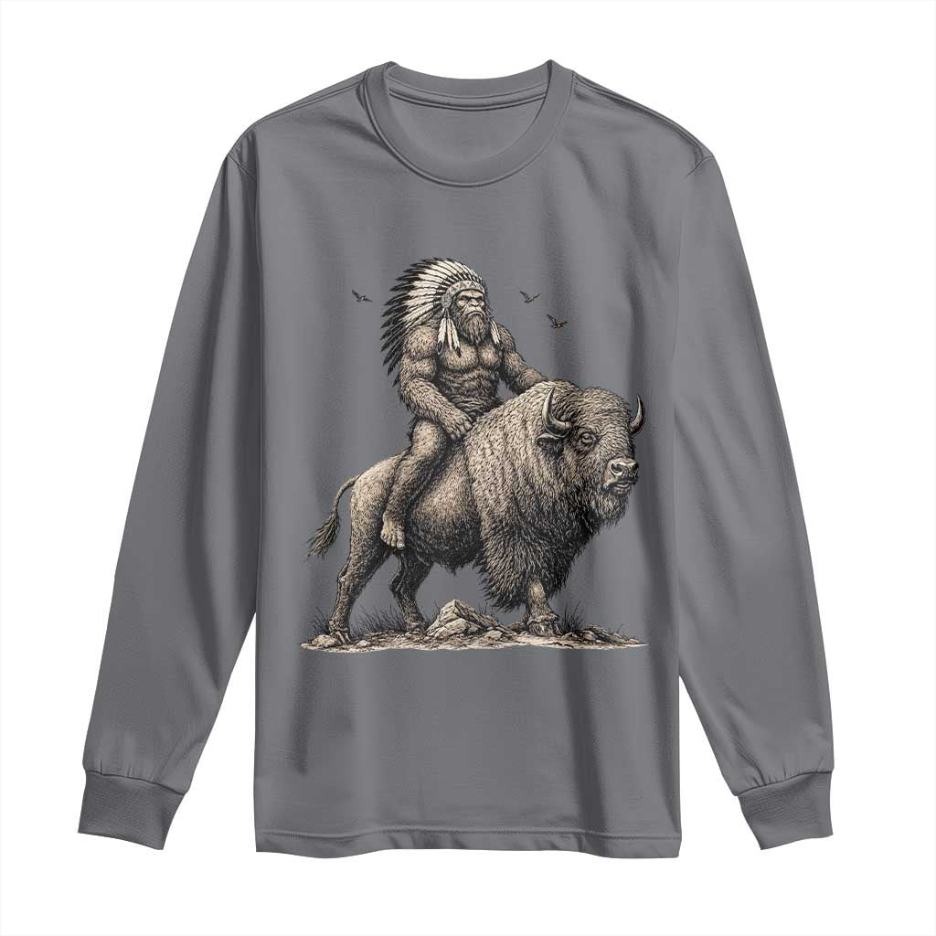 Funny Bigfoot Buffalo Rider Long Sleeve Shirt Native Inspired Heritage Graphic TS12 Charcoal Print Your Wear