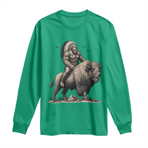 Funny Bigfoot Buffalo Rider Long Sleeve Shirt Native Inspired Heritage Graphic TS12 Irish Green Print Your Wear