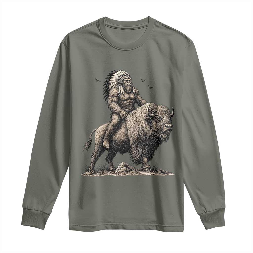 Funny Bigfoot Buffalo Rider Long Sleeve Shirt Native Inspired Heritage Graphic TS12 Military Green Print Your Wear