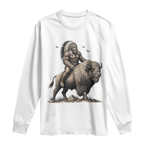 Funny Bigfoot Buffalo Rider Long Sleeve Shirt Native Inspired Heritage Graphic TS12 White Print Your Wear