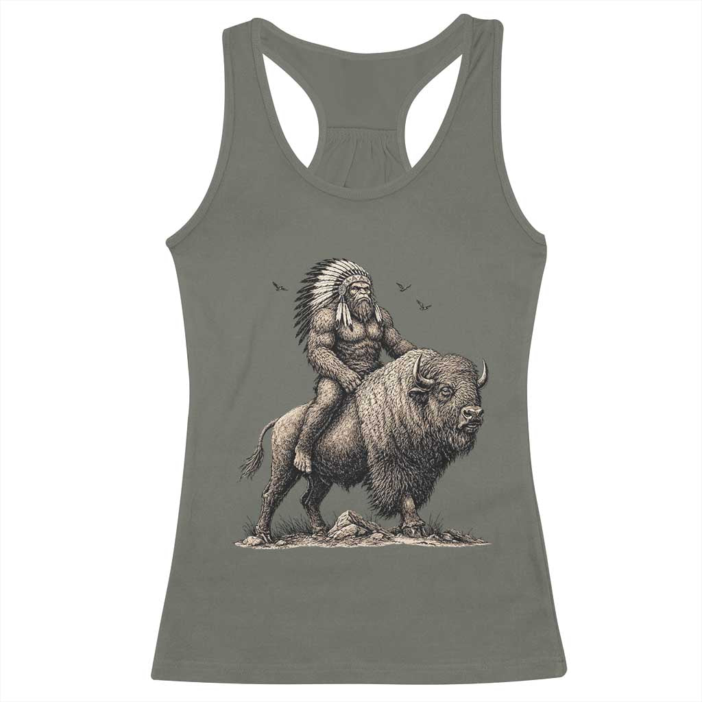 Funny Bigfoot Buffalo Rider Racerback Tank Top Native Inspired Heritage Graphic TS12 Military Green Print Your Wear