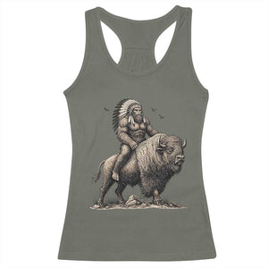Funny Bigfoot Buffalo Rider Racerback Tank Top Native Inspired Heritage Graphic TS12 Military Green Print Your Wear