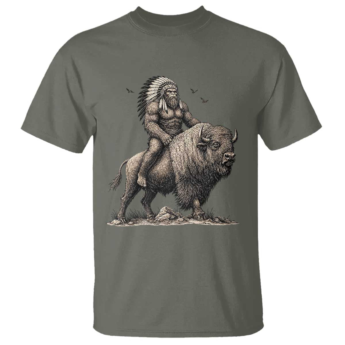 Funny Bigfoot Buffalo Rider T Shirt Native Inspired Heritage Graphic TS12 Military Green Print Your Wear