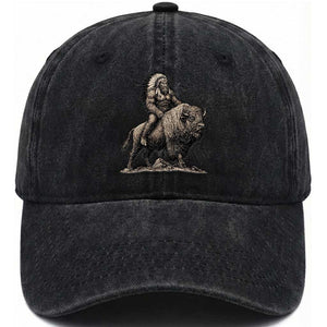 Funny Bigfoot Buffalo Rider Washed Cotton Baseball Cap Native Inspired Heritage Graphic TS12 Print Your Wear