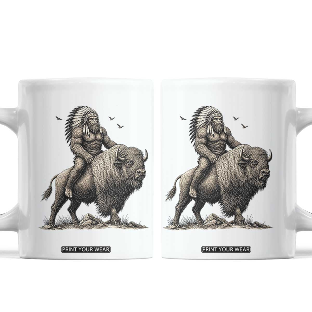 Funny Bigfoot Buffalo Rider Coffee Mug Native Inspired Heritage Graphic TS12 White Print Your Wear
