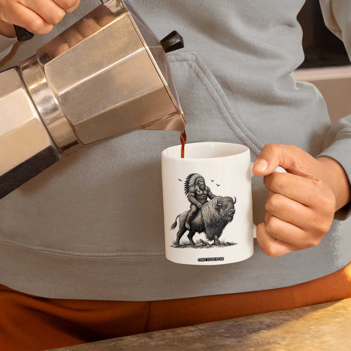 Funny Bigfoot Buffalo Rider Coffee Mug Native Inspired Heritage Graphic TS12 Print Your Wear
