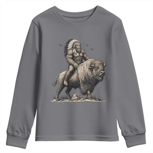 Funny Bigfoot Buffalo Rider Youth Sweatshirt Native Inspired Heritage Graphic TS12 Charcoal Print Your Wear