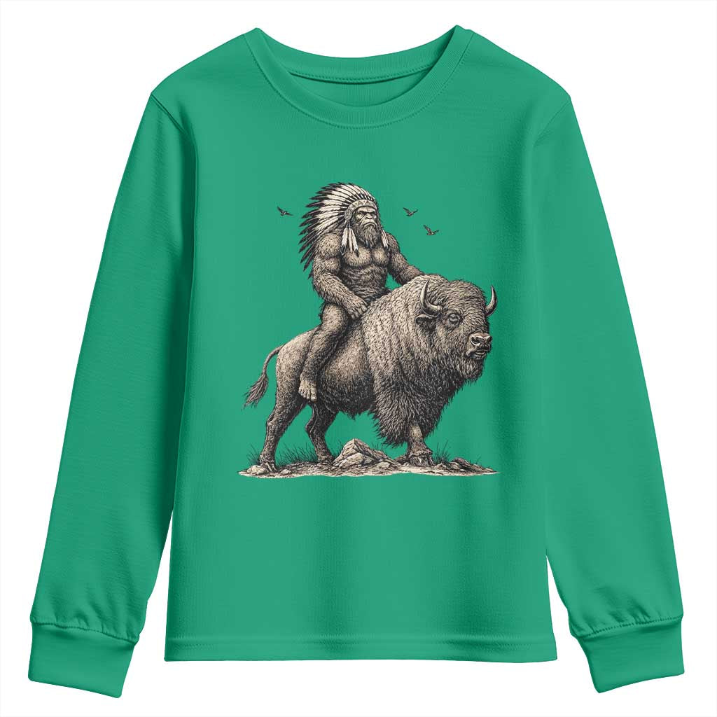 Funny Bigfoot Buffalo Rider Youth Sweatshirt Native Inspired Heritage Graphic TS12 Irish Green Print Your Wear