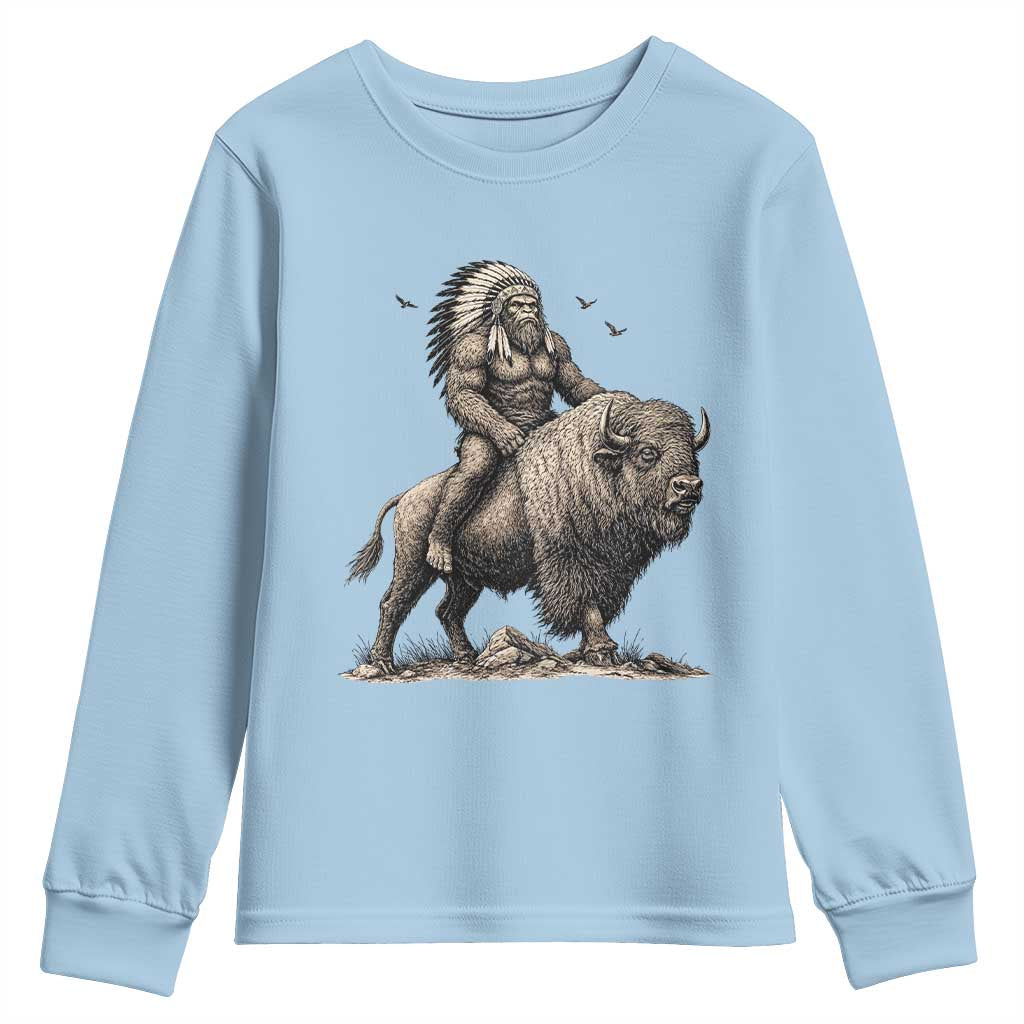 Funny Bigfoot Buffalo Rider Youth Sweatshirt Native Inspired Heritage Graphic TS12 Light Blue Print Your Wear