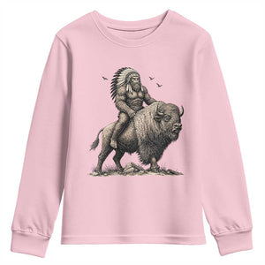 Funny Bigfoot Buffalo Rider Youth Sweatshirt Native Inspired Heritage Graphic TS12 Light Pink Print Your Wear