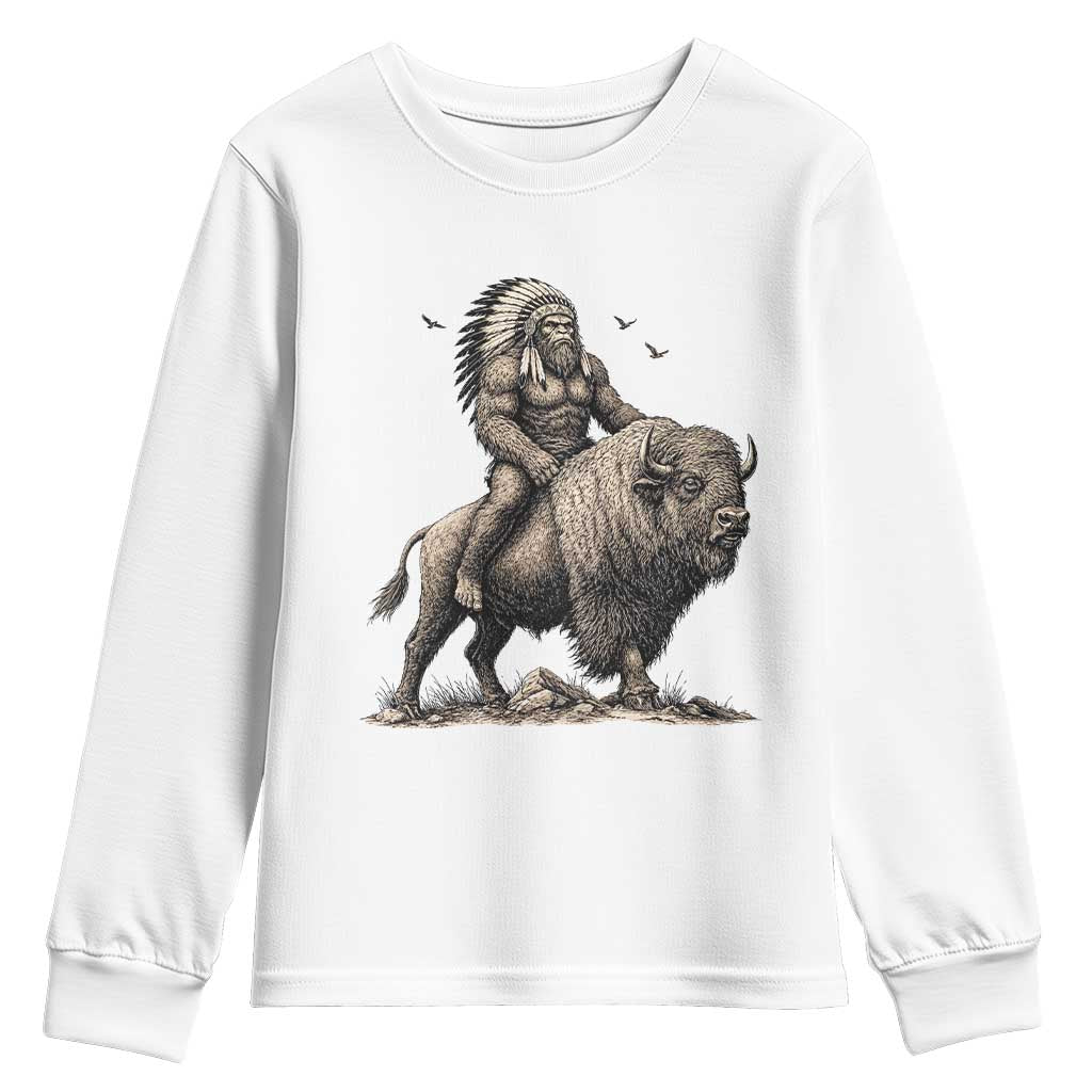 Funny Bigfoot Buffalo Rider Youth Sweatshirt Native Inspired Heritage Graphic TS12 White Print Your Wear