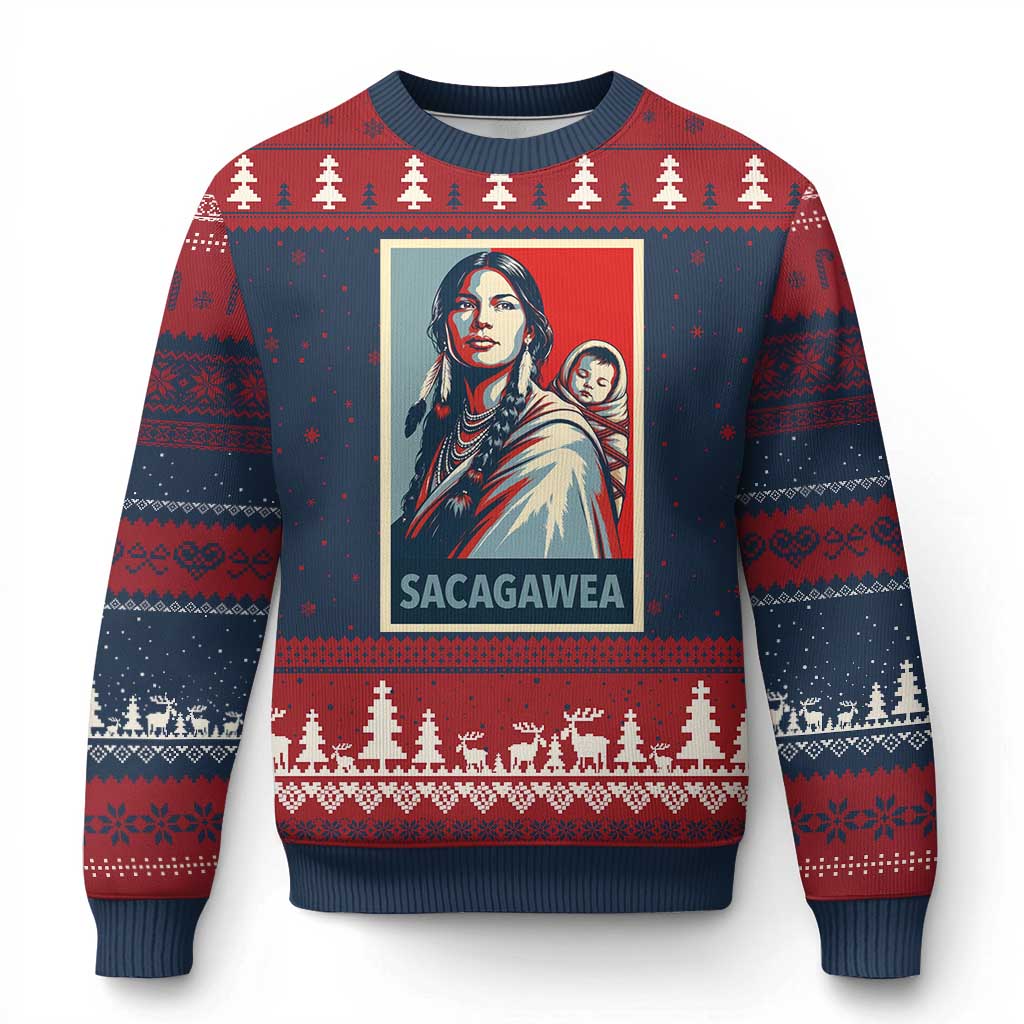 Womens History Month Sacagawea Ugly Christmas Sweater Native American Heritage Graphic TS12 Navy Red Print Your Wear
