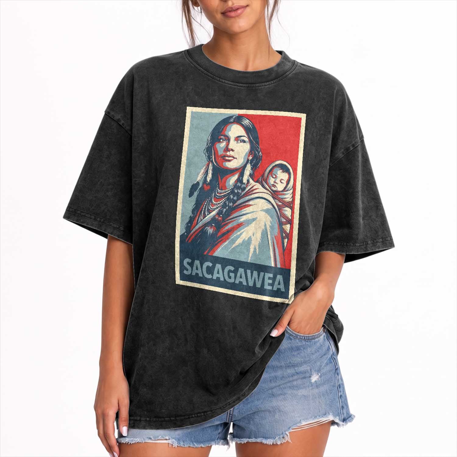 Womens History Month Sacagawea Washed Cotton T-Shirt Native American Heritage Graphic