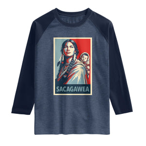 Womens History Month Sacagawea Raglan Shirt Native American Heritage Graphic TS12 Heather Denim Navy Print Your Wear