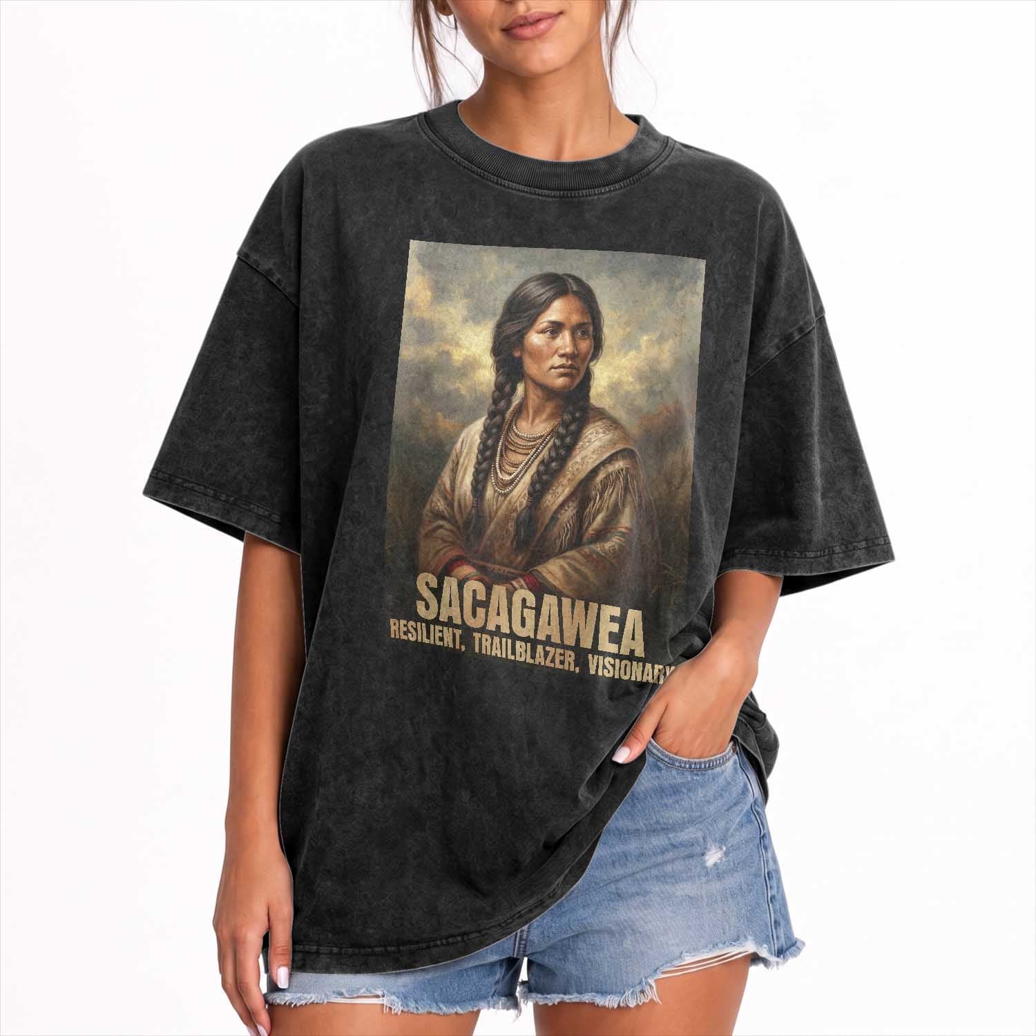 Sacagawea Native American Woman Washed Cotton T-Shirt Resilient Trailblazer Visionary