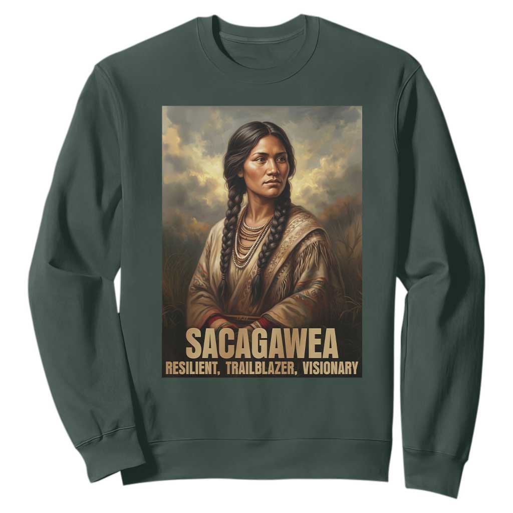 Sacagawea Native American Woman Sweatshirt Resilient Trailblazer Visionary TS12 Dark Forest Green Print Your Wear