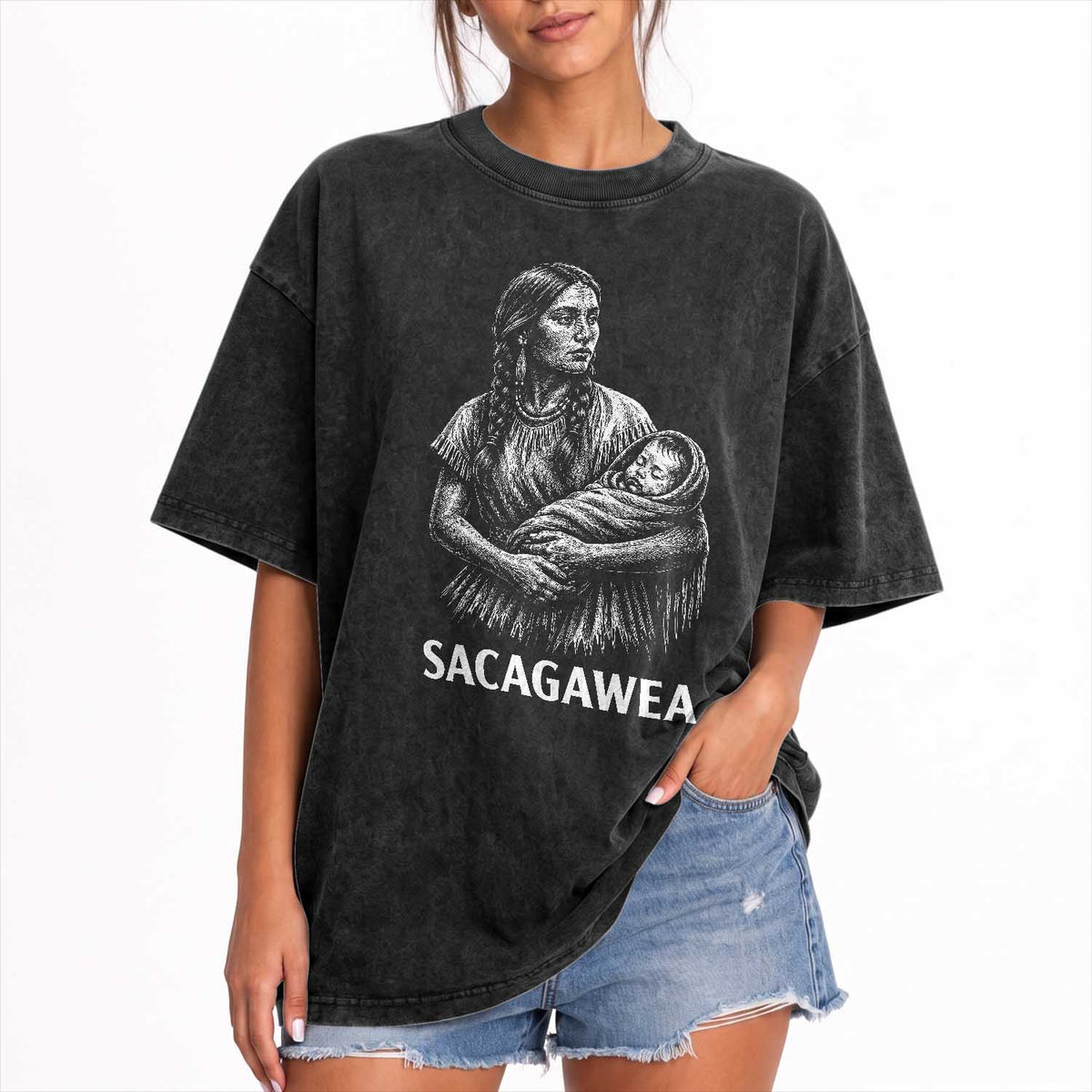 Sacagawea Washed Cotton T-Shirt Native American Womens History Month Graphic