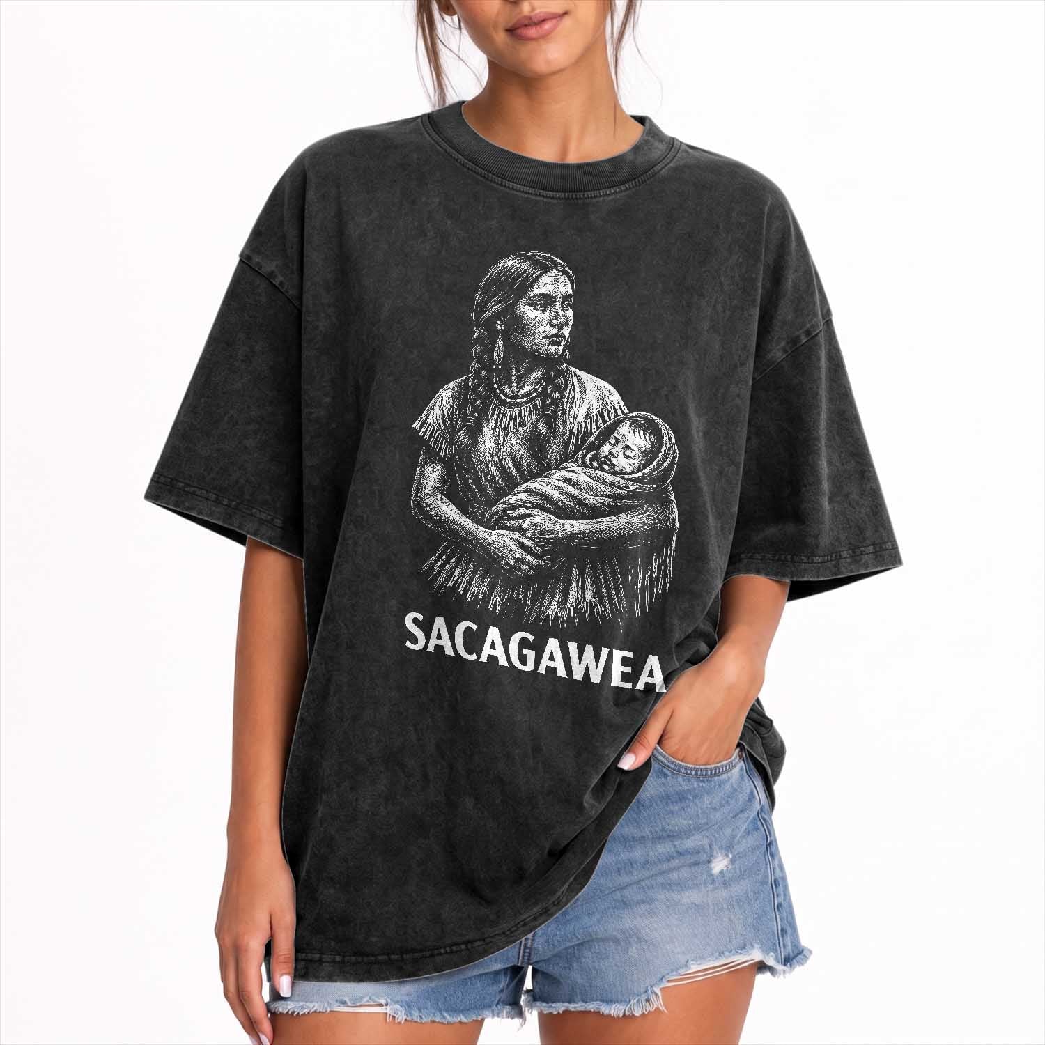 Sacagawea Washed Cotton T-Shirt Native American Womens History Month Graphic