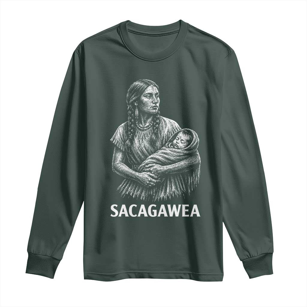 Sacagawea Long Sleeve Shirt Native American Womens History Month Graphic TS12 Dark Forest Green Print Your Wear