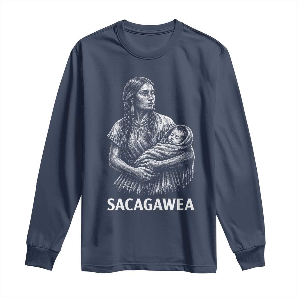 Sacagawea Long Sleeve Shirt Native American Womens History Month Graphic TS12 Navy Print Your Wear
