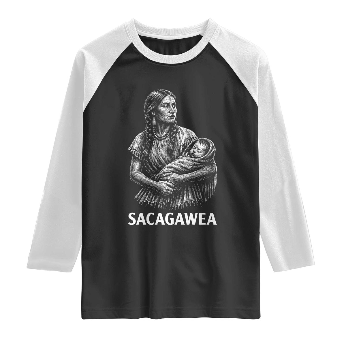 Sacagawea Raglan Shirt Native American Womens History Month Graphic TS12 Black White Print Your Wear
