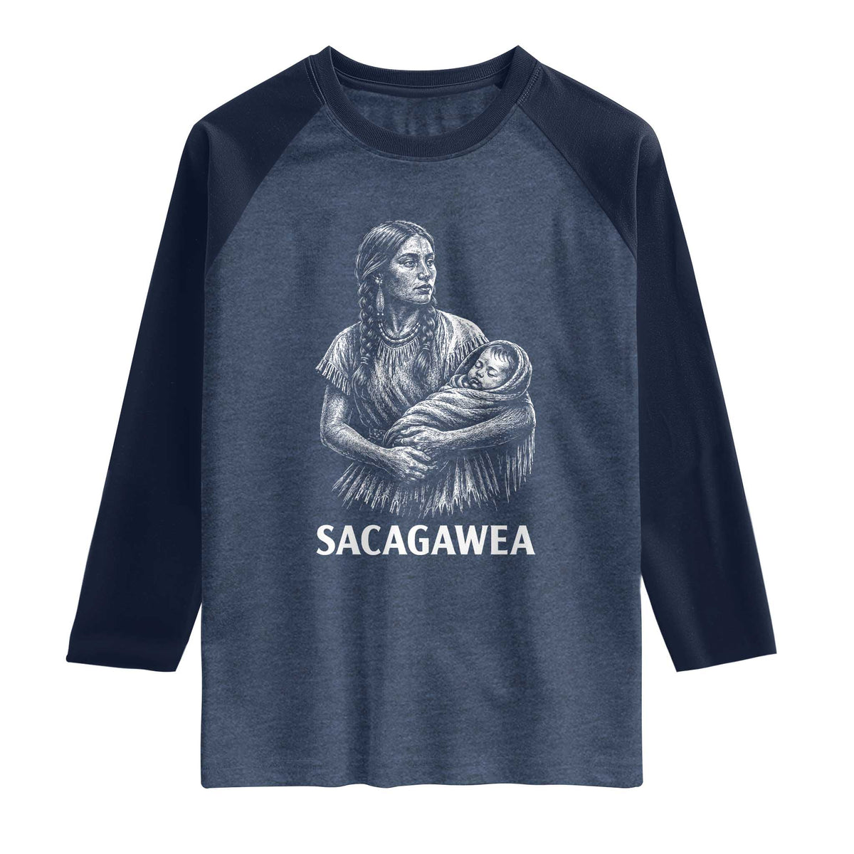 Sacagawea Raglan Shirt Native American Womens History Month Graphic TS12 Heather Denim Navy Print Your Wear