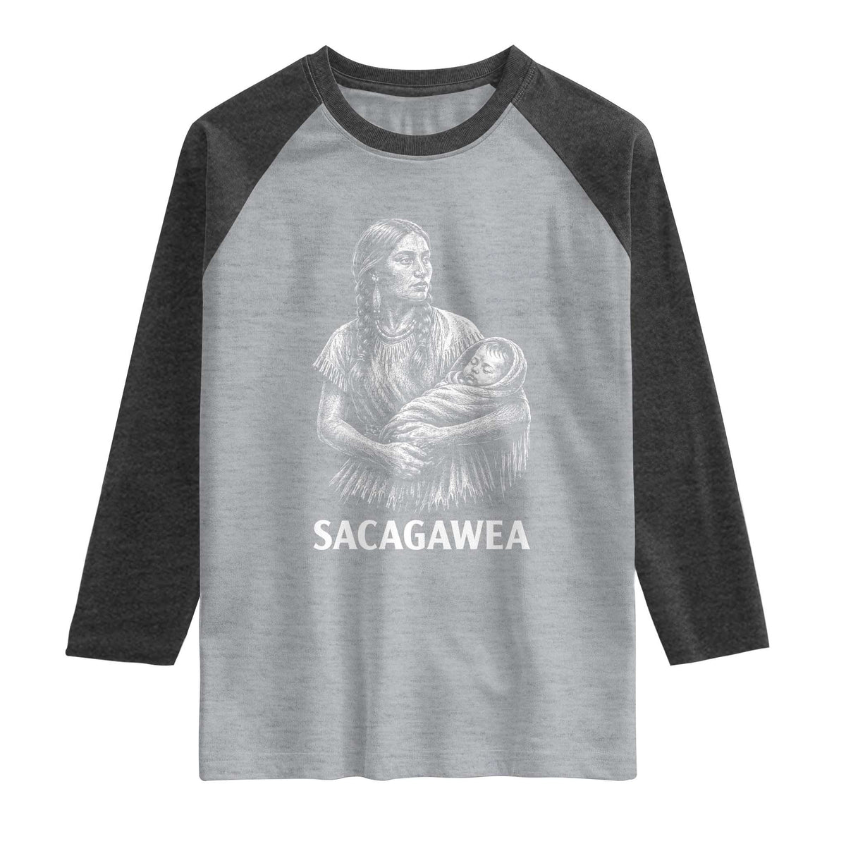 Sacagawea Raglan Shirt Native American Womens History Month Graphic TS12 Heather Gray Heather Charcoal Print Your Wear