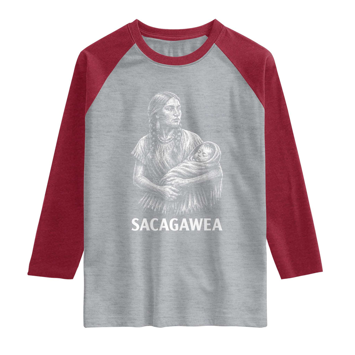 Sacagawea Raglan Shirt Native American Womens History Month Graphic TS12 Heather Gray Heather Red Print Your Wear