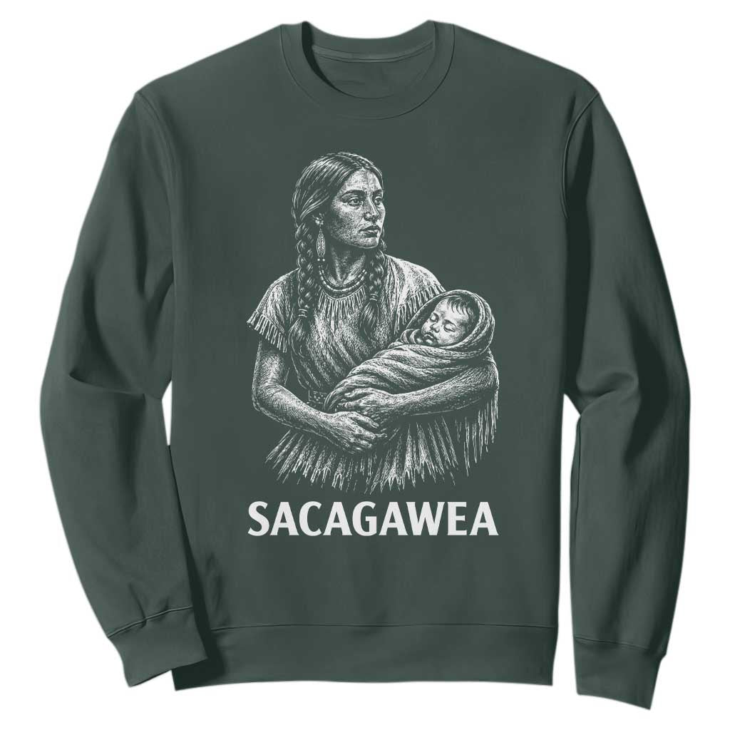 Sacagawea Sweatshirt Native American Womens History Month Graphic TS12 Dark Forest Green Print Your Wear
