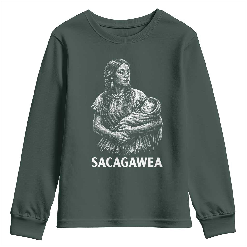 Sacagawea Youth Sweatshirt Native American Womens History Month Graphic TS12 Dark Forest Green Print Your Wear