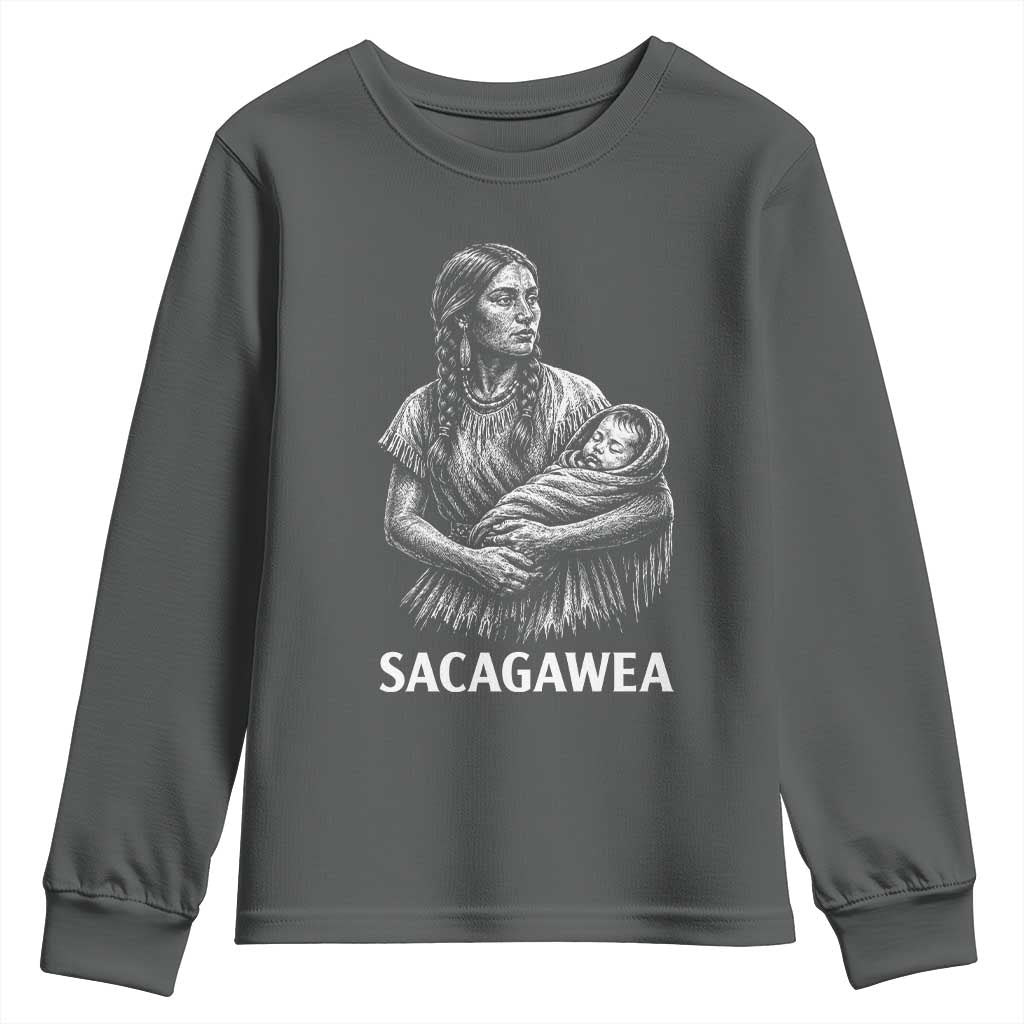 Sacagawea Youth Sweatshirt Native American Womens History Month Graphic TS12 Dark Heather Print Your Wear