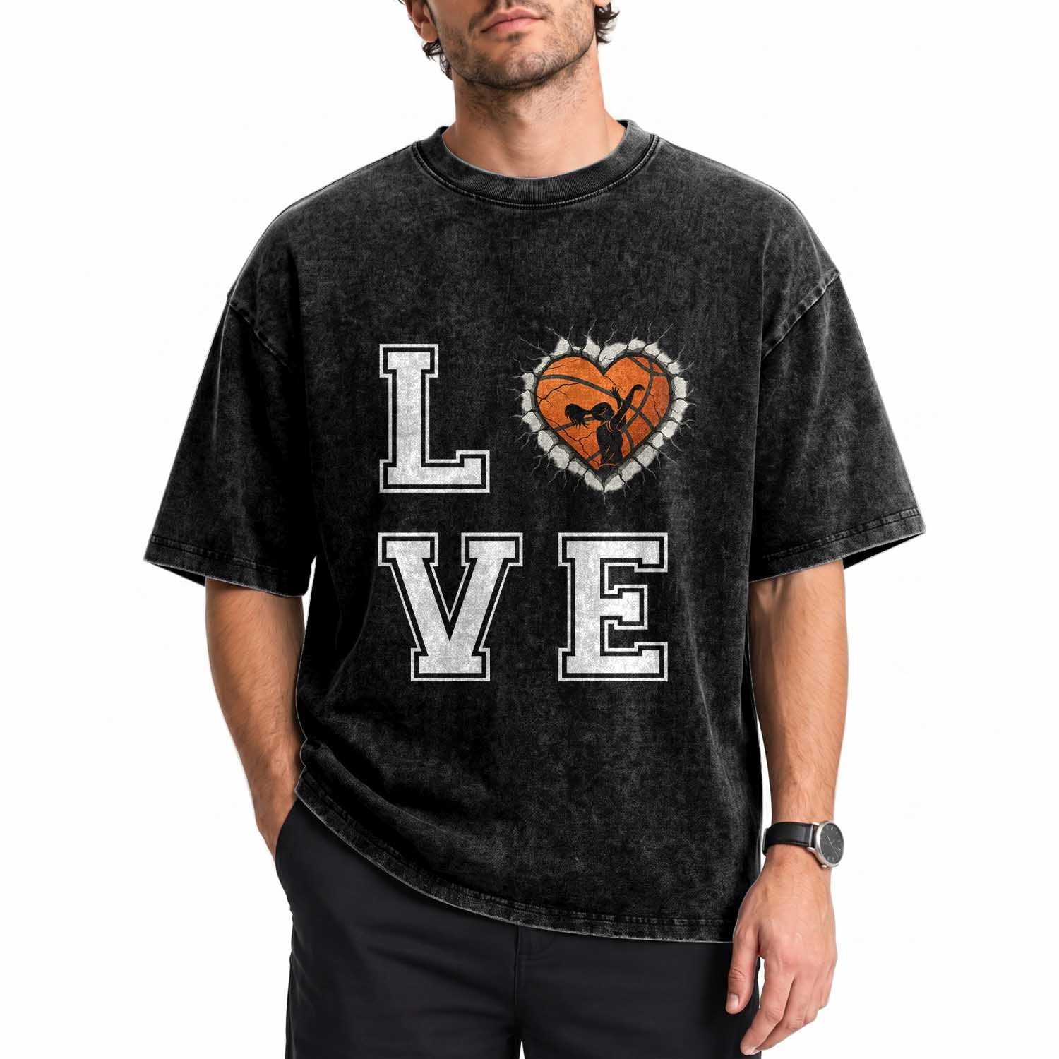Love Basketball Washed Cotton T-Shirt Cracked Ball Graphic For Sport Lover