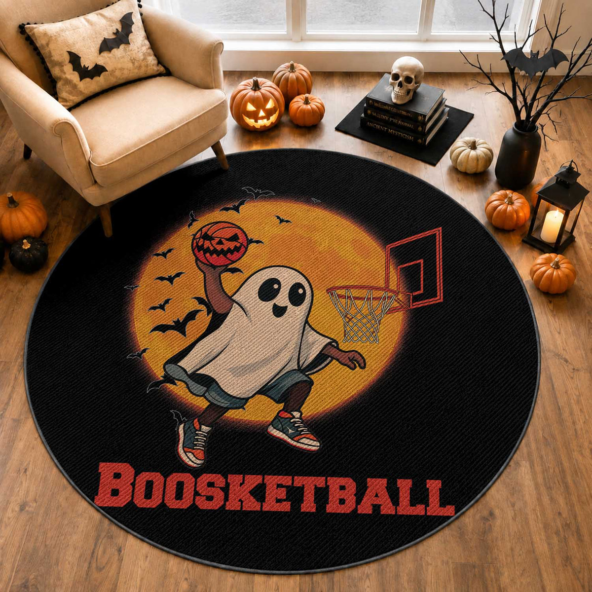 Funny Black Ghost Halloween Basketball Round Rug Boosketball Dunk Gift