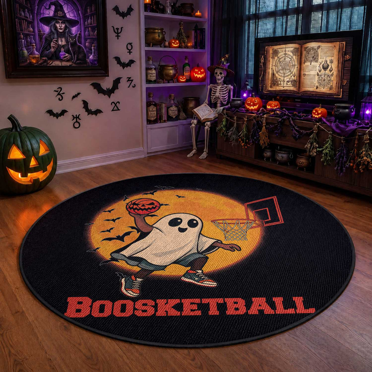 Funny Black Ghost Halloween Basketball Round Rug Boosketball Dunk Gift