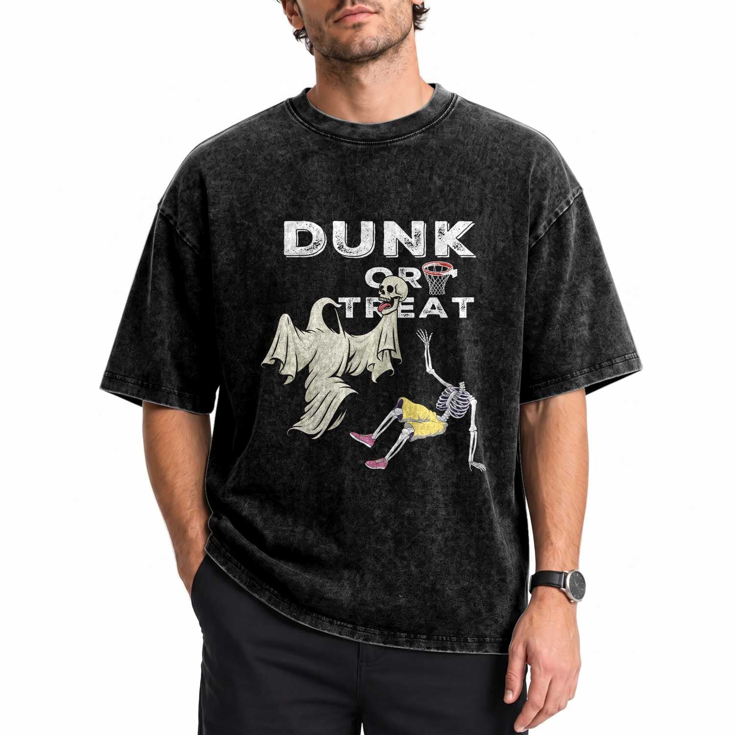 Halloween Dunk Or Treat Washed Cotton T-Shirt Funny Skeleton And Ghost Playing Basketball