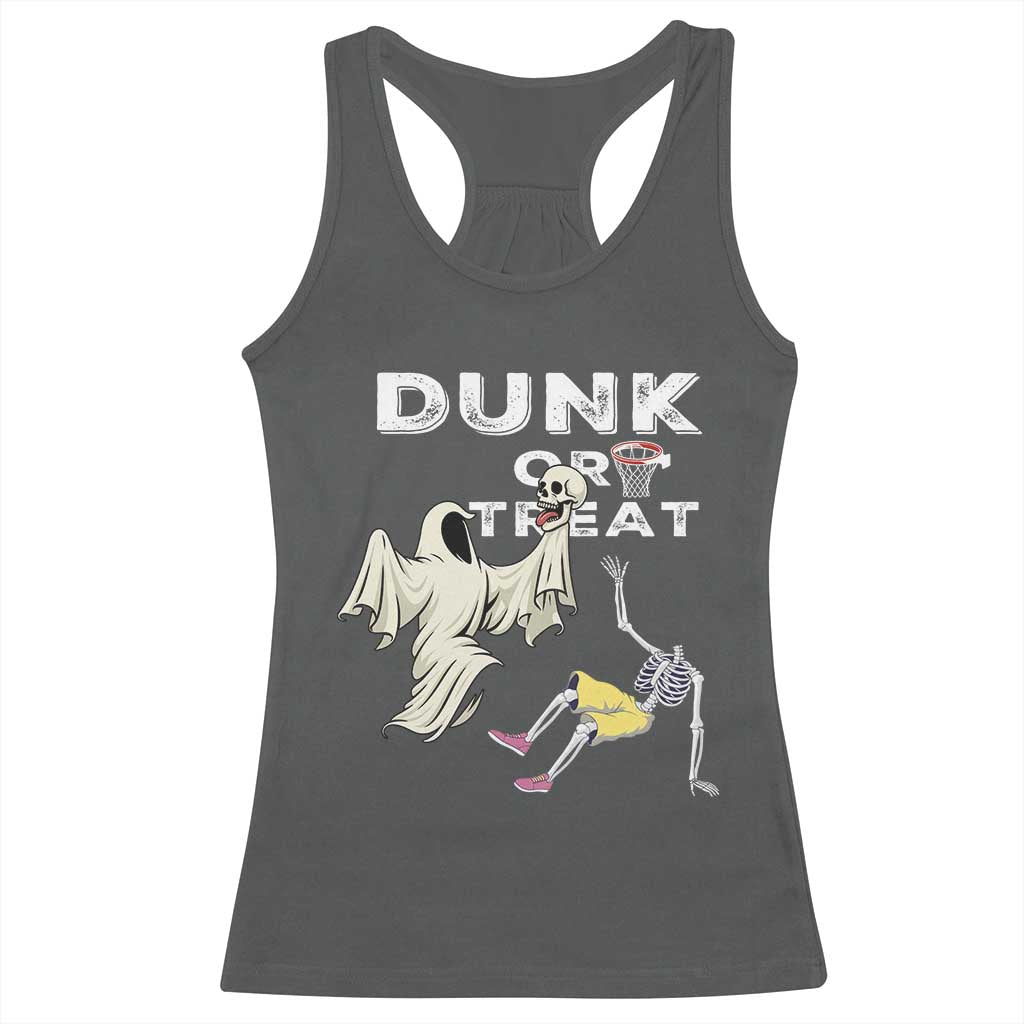 Halloween Dunk Or Treat Racerback Tank Top Funny Skeleton And Ghost Playing Basketball TS12 Dark Heather Print Your Wear
