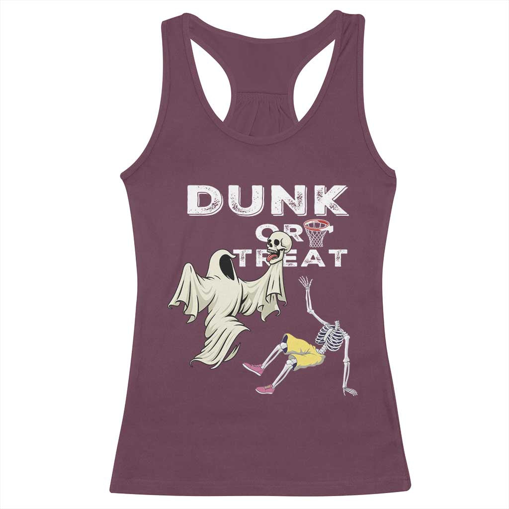 Halloween Dunk Or Treat Racerback Tank Top Funny Skeleton And Ghost Playing Basketball TS12 Maroon Print Your Wear