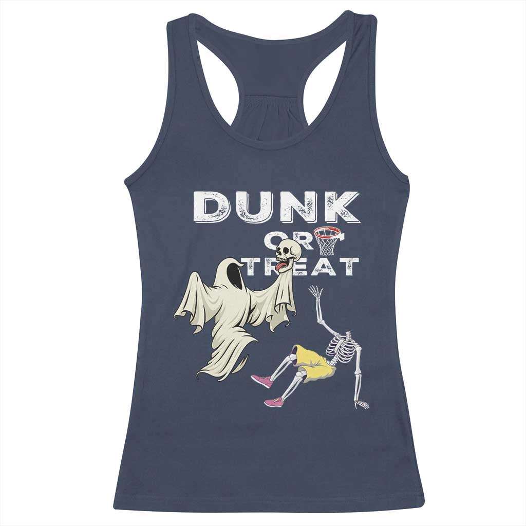 Halloween Dunk Or Treat Racerback Tank Top Funny Skeleton And Ghost Playing Basketball TS12 Navy Print Your Wear