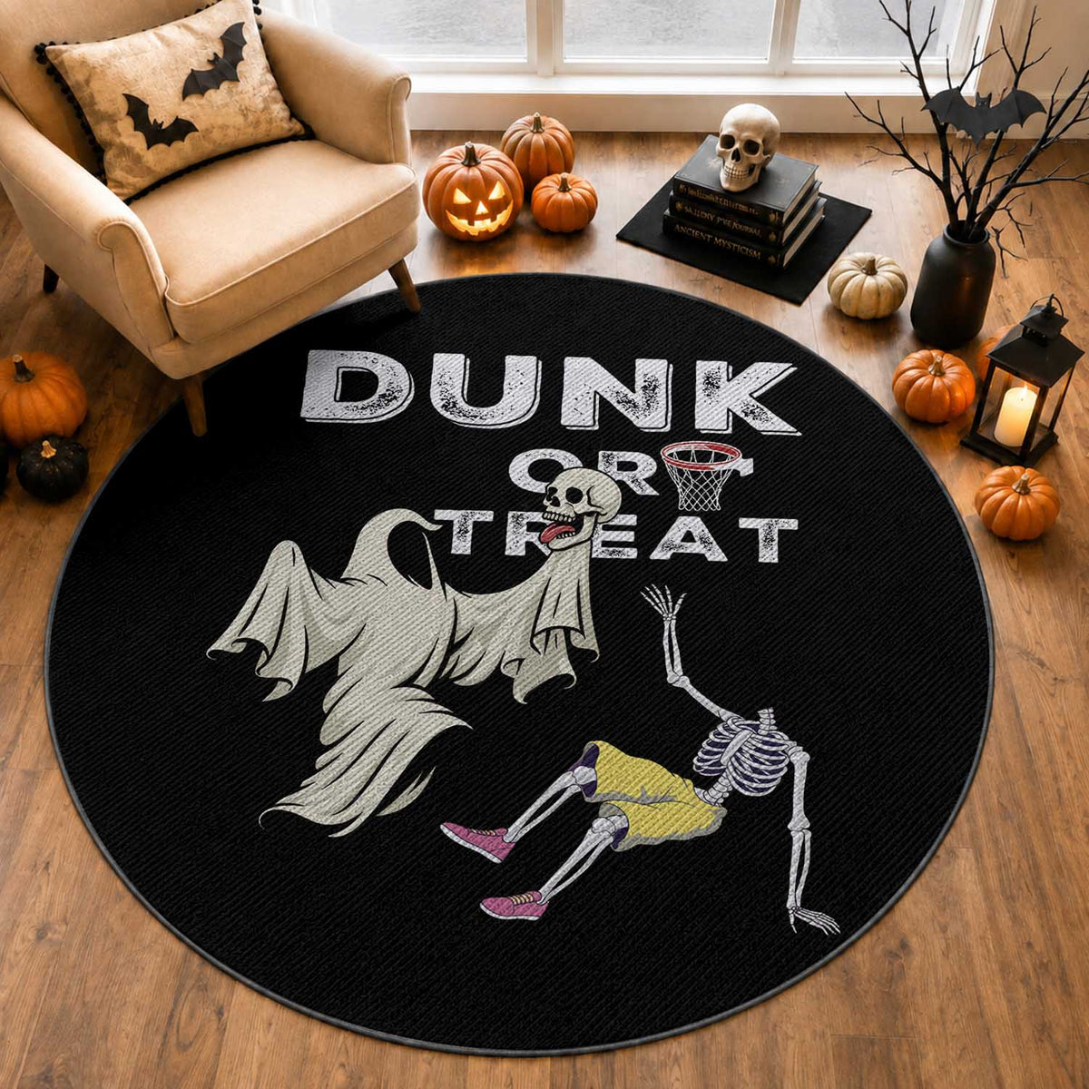Halloween Dunk Or Treat Round Rug Funny Skeleton And Ghost Playing Basketball